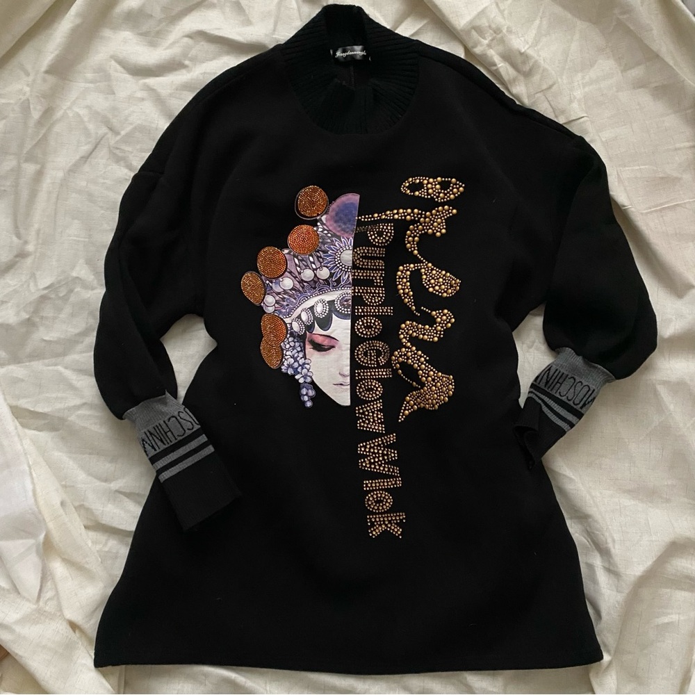 Oversized Black Embellished Graphic Sweater with Knit Details